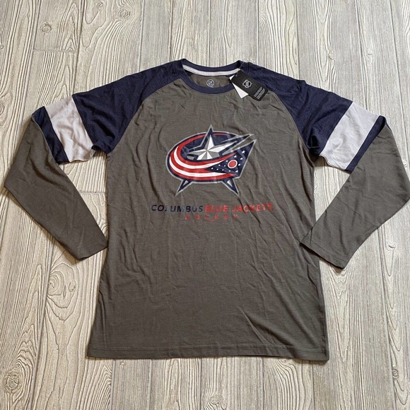 NHL Columbus Blue Jackets Logo LS Raglan Tee Men’s M Blue Gray New - Picture 1 of 10